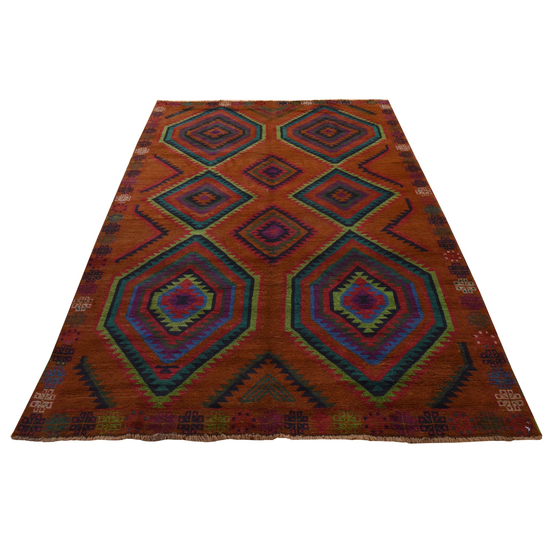 6'x8' Honey Brown, Colorful Afghan Baluch with Geometric Design, Hand Knotted, Pure Wool, Oriental Rug 